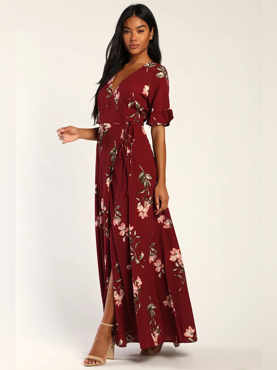 Already Hemmed For 5ft. Lulus Xs September Sunsets Burgundy Wrap Floral Dress